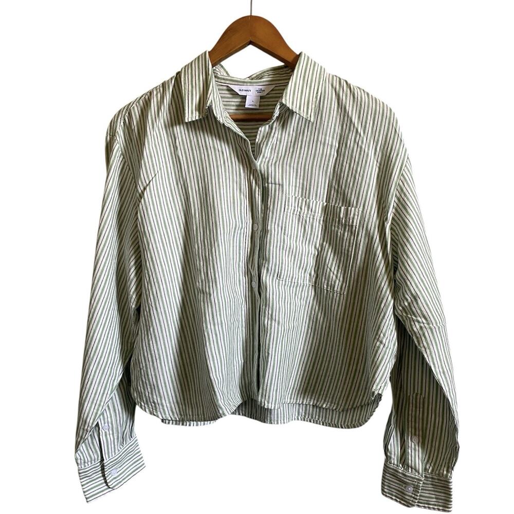 Old Navy The Cropped Stripped Cotton Shirt Large Preppy Relaxed Boxy Fit - Picture 2 of 7